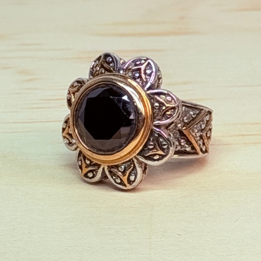Sculptural 18K Gold Silver Black Onyx Ring Byzantine Floral Statement Whimsigoth